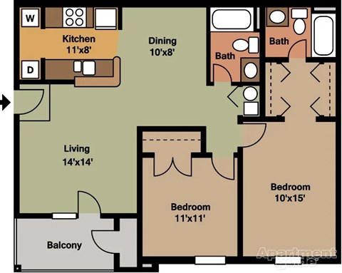 Apartment floor plan with kitchen, dining, living room, and two bedrooms.